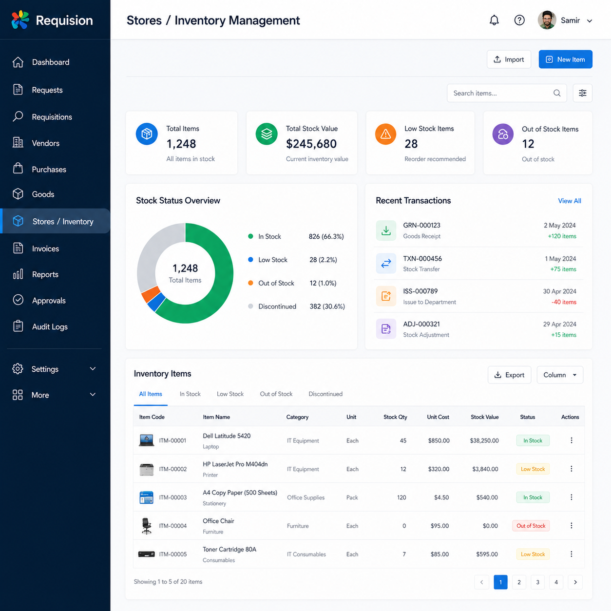 Stores and inventory management screenshot